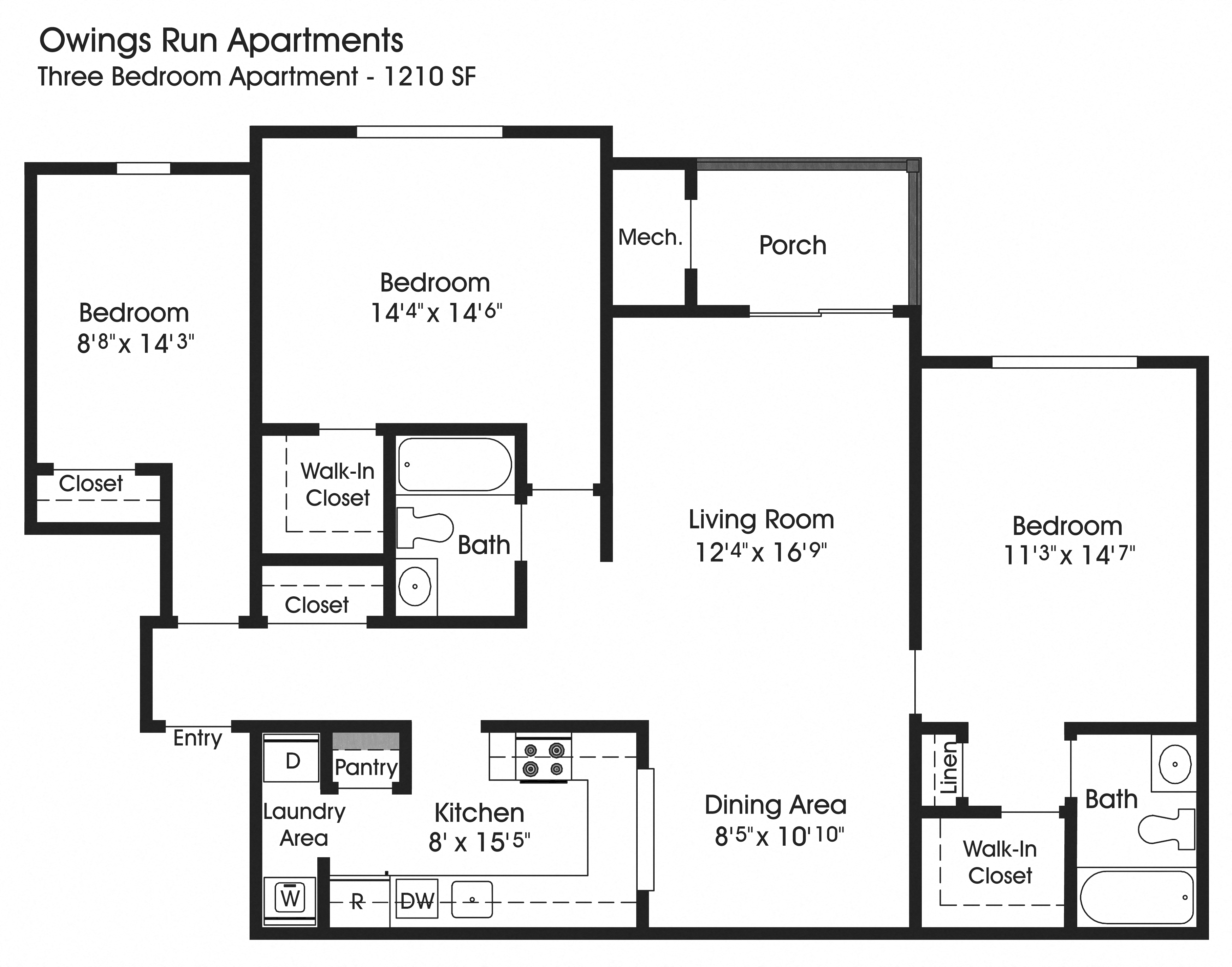 Floor plan for 3 beds, 2 baths, 1210 sqft